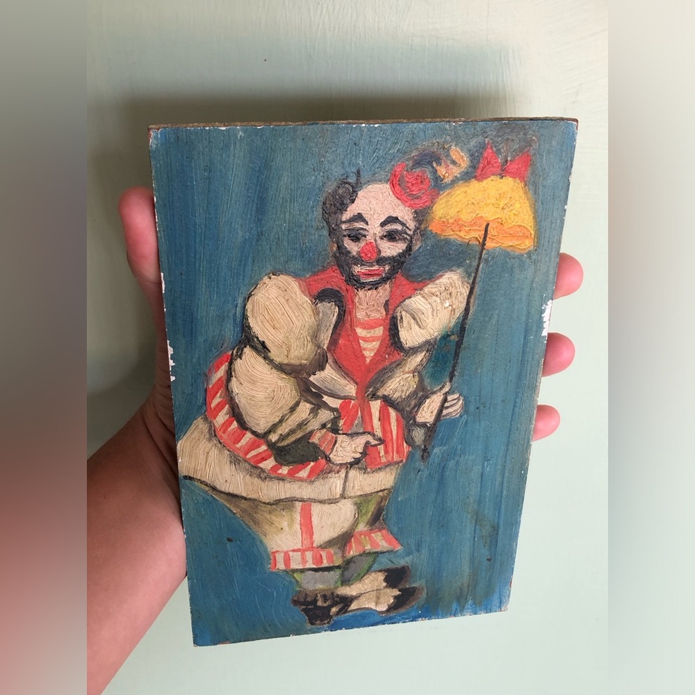 Vintage Clown Circus Painting 5x8” Particle Board Folk Art Spooky